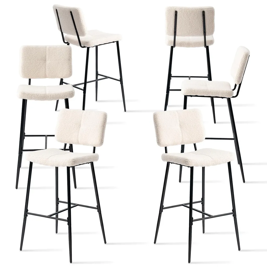 Tabouret de bar confortable avec dossier POMONA beige bouclé - Lot de 6