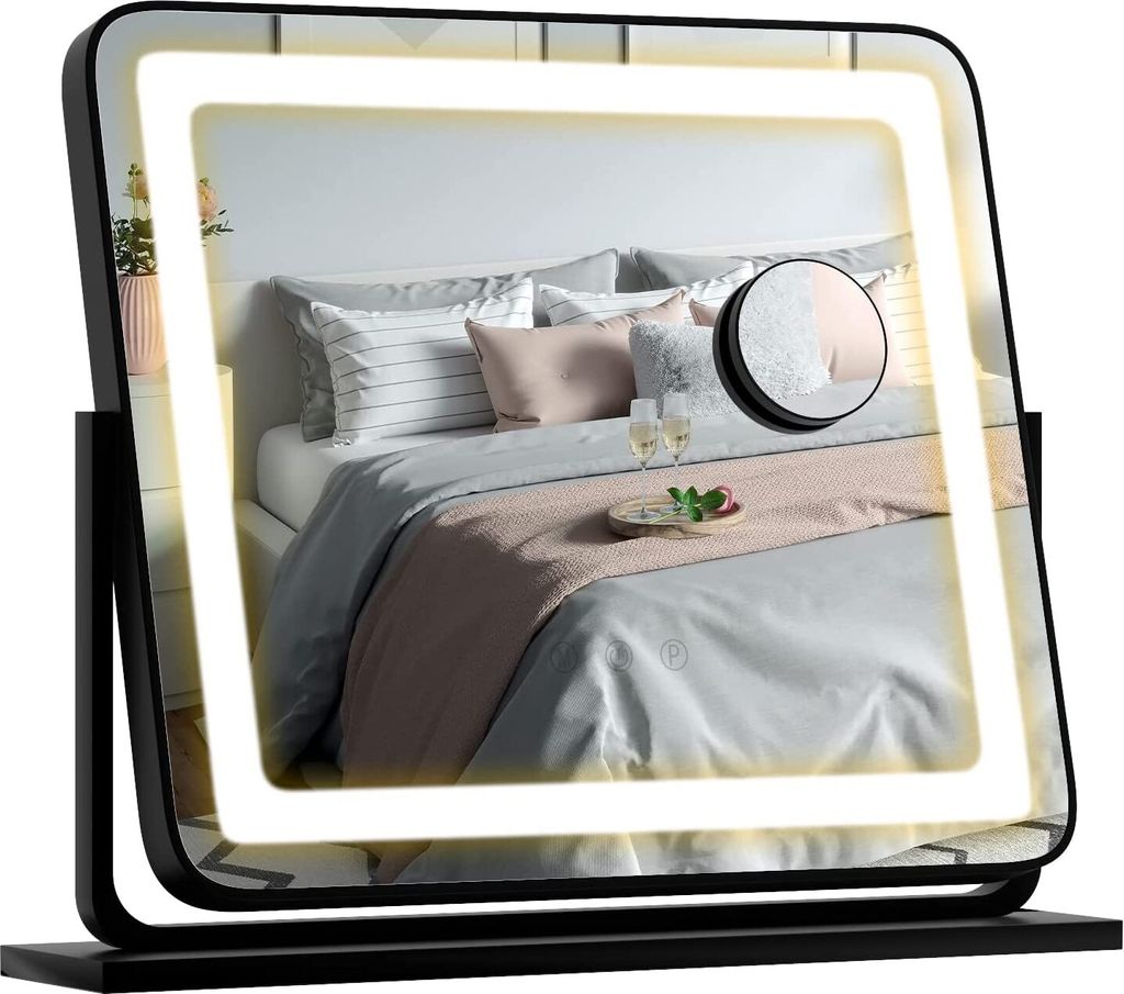 Schminkspiegel mit Beleuchtung, Kosmetikspiegel mit 3 Lichtfarben & 5X Vergroesserung, 360° Drehbarer Hollywood-Spiegel mit Touch-Steuerung & Eins...