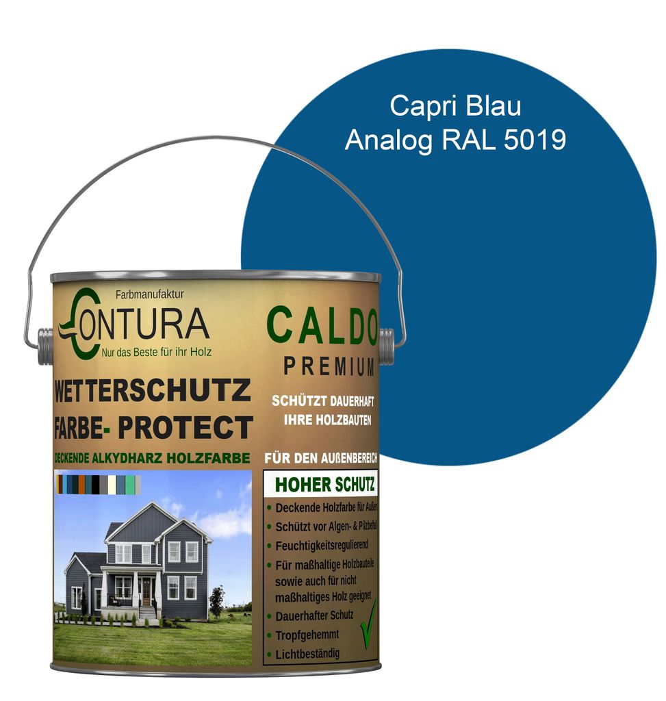 Contura 2,5Liter Wetterschutzfarbe Holz Dauerschutzfarbe Deckend Buntlack Holzfarbe Holzlasur Seidenmatt - Capri- Blau - RAL 5019 Analog