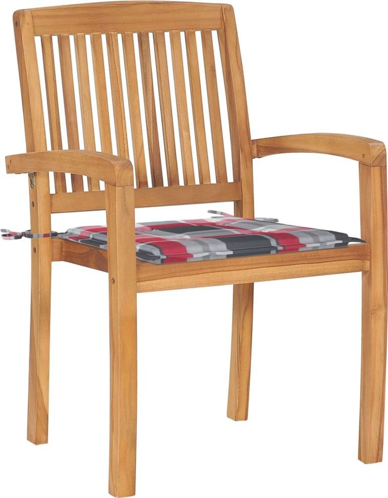 vidaXL Gartenstühle 2 Stk. Rote Karomuster Kissen Massivholz Teak