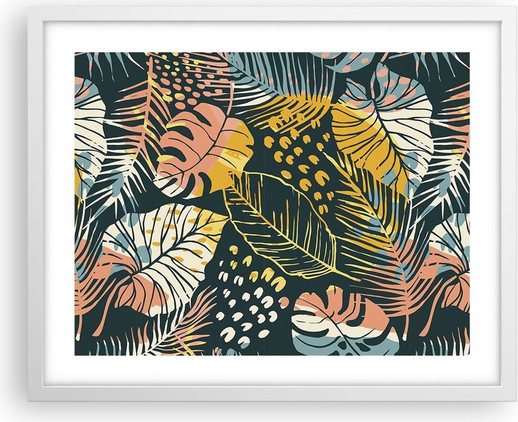 Gerahmtes Poster - Weißer Rahmen - Blätter modern bunt - 50x40 cm - Wand Bild - Wanddeko - Wandbilder - Kunstposter - Wandposter - Bilderrahmen -...