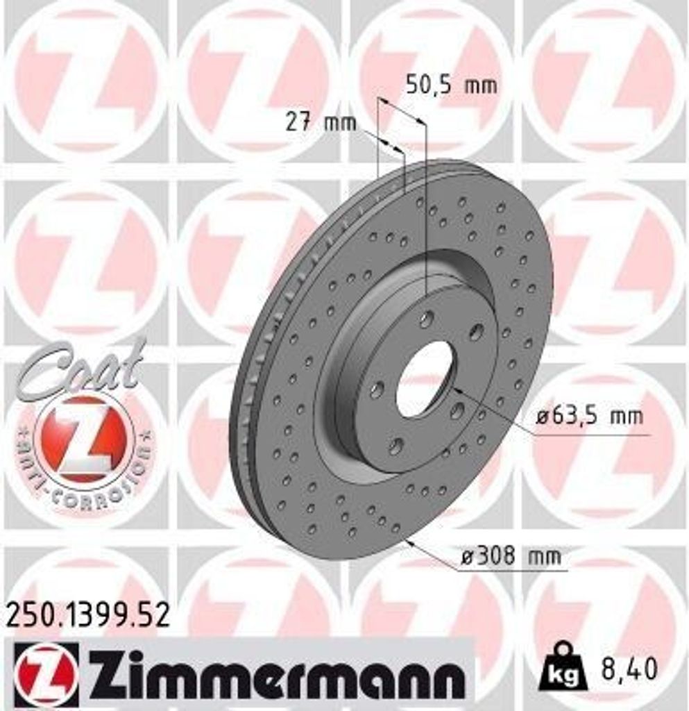 2x ZIMMERMANN Bremsscheibe 250.1399.52 für FORD Focus Mk4 Turnier (HP) 50mm
