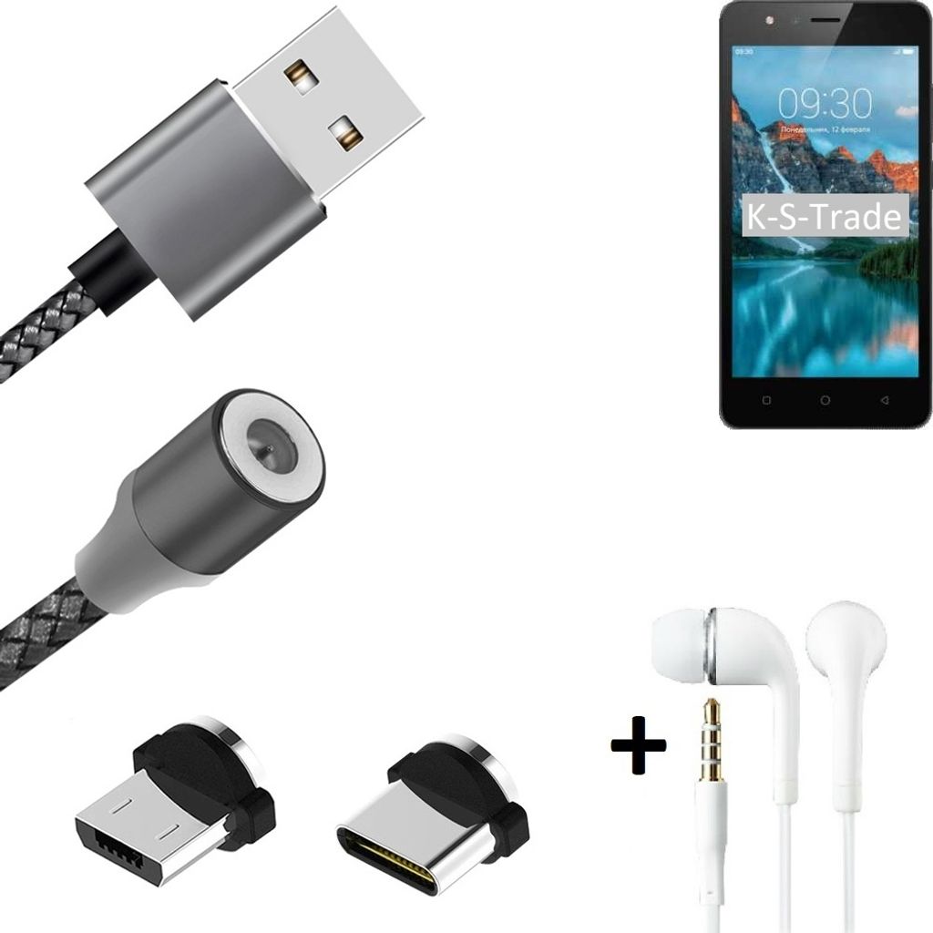 K-S-Trade Hochwertiges Magnet-Lade-kabel Sync-Kabel Daten-Kabel + Kopfhörer kompatibel mit TP-LINK Neffos C5A mit USB-Typ-C-Anschluss und