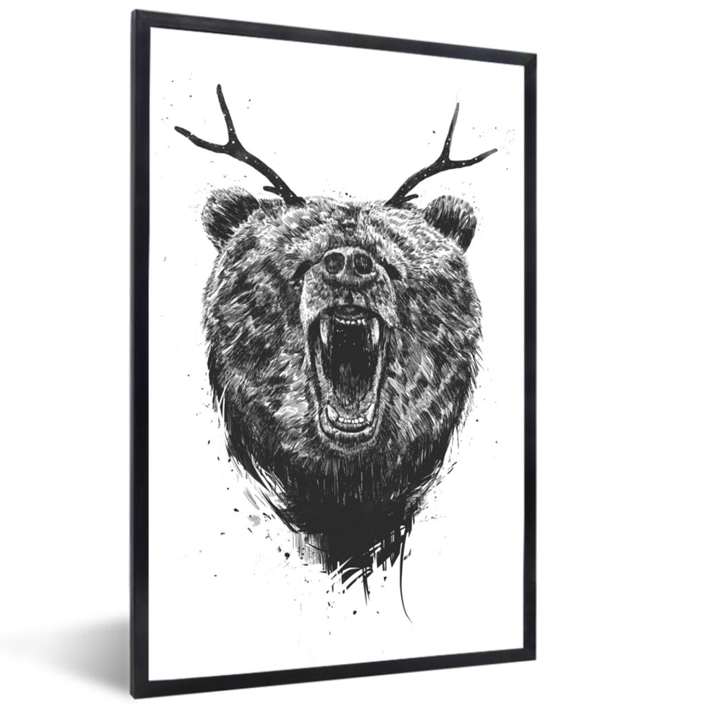 MuchoWow Gerahmtes Poster Bär - Geweih - Tiere - Illustration 40x60 cm - Poster mit Schwarzem Bilderrahmen Wandposter Rahmen Foto Bilder - Papie...