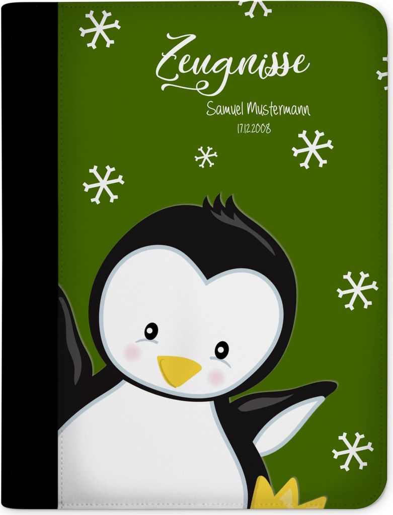 Zeugnismappe, Dokumentenmappe, Ordner A4, Pinguin Grün mit Klarsichthüllen