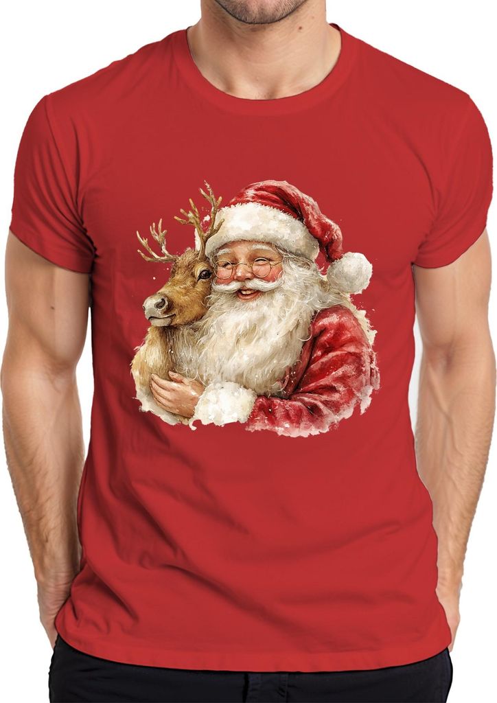 Weihnachtsmann Rentier Aquarell Weihnachten Geschenk Vintage Herren T-Shirt, Rot, S