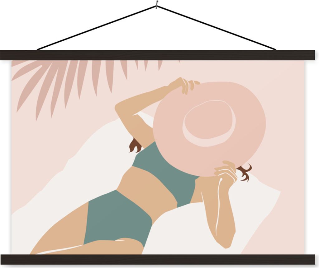 MuchoWow Textilposter Frau - Strandhut - Pastell 120x80 cm mit schwarzem Rahmen - Wanddeko