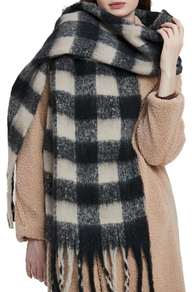 Schal - Großer Warmer Schal - Dick - Elegant - Modischer Schal - Kariert - Halstuch - Grau
