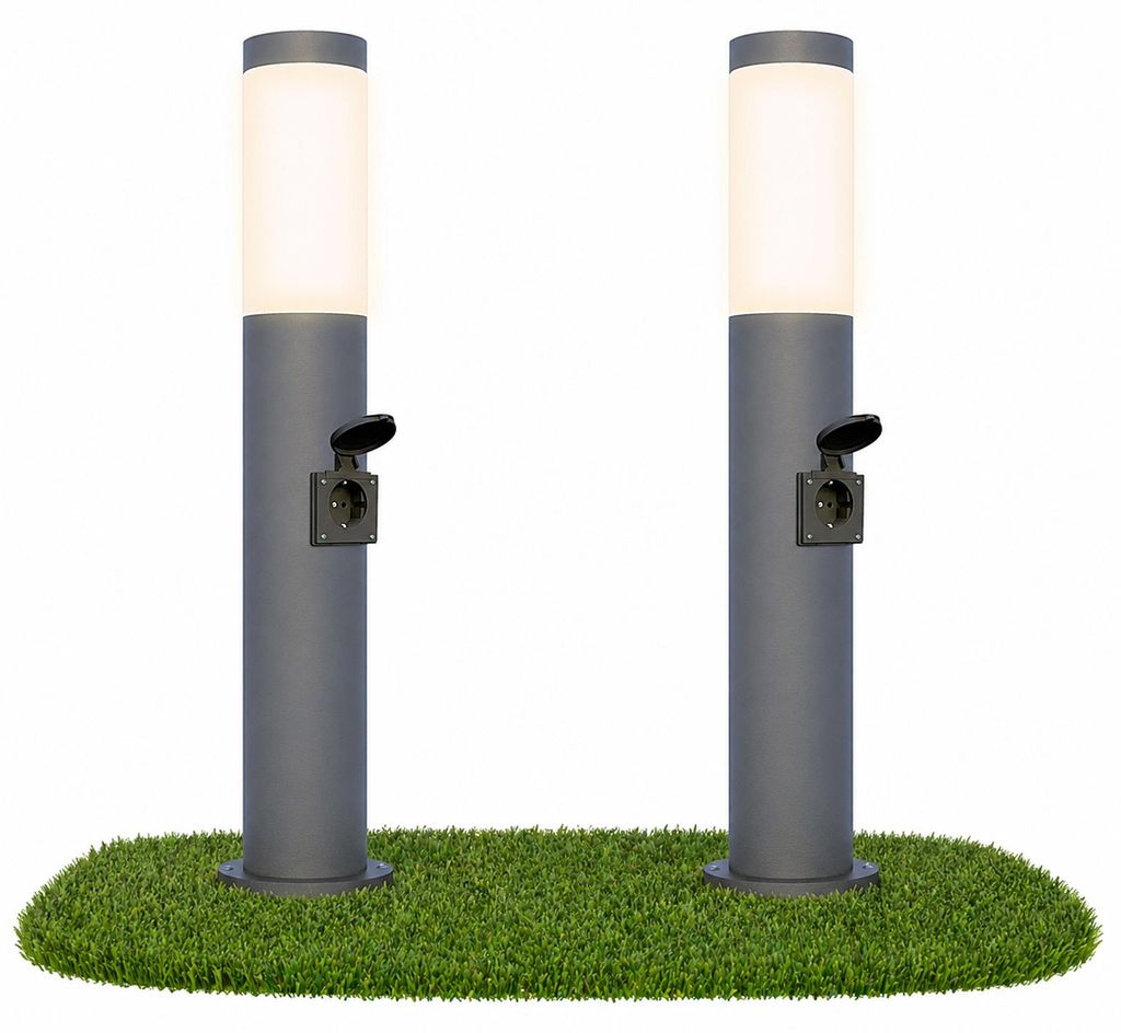 linovum 2x BOSEA-S Pollerleuchte Außenlampe Anthrazit IP44 - Wegelampe mit E27 Glühbirne 4W warmweiß - Sockelleuchte mit Steckdose