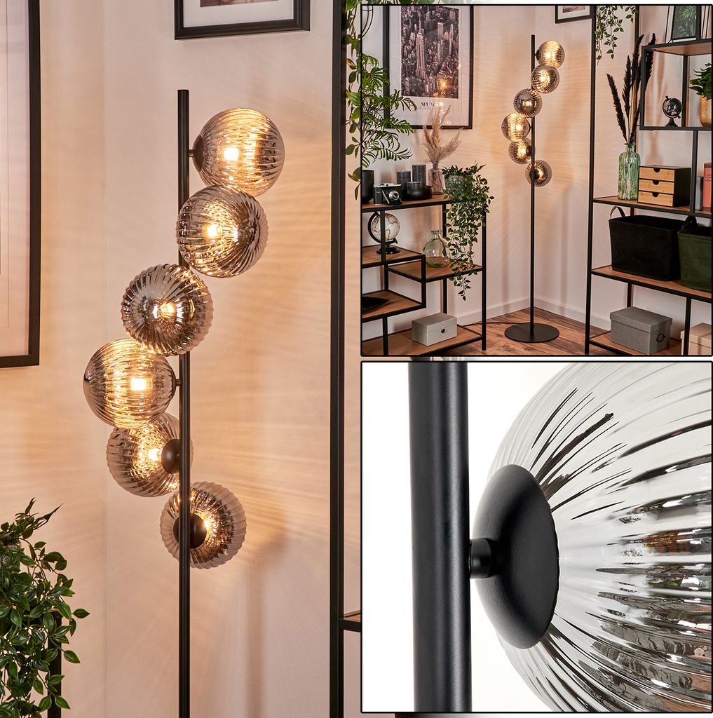 Garaguso Stehlampe aus Metall/Riffelglas in Schwarz/Rauchfarben