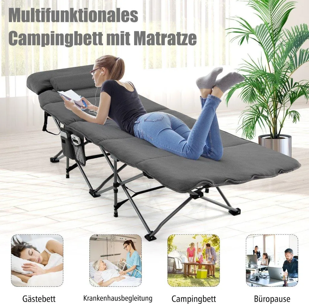 Lit de camping pliant pour bivouac et voyage - Lit 185x65 cm avec matelas