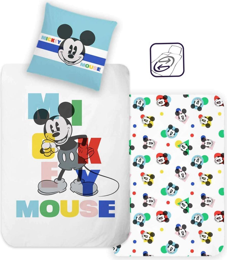 A collage of Disney Mickey Mouse bedding items, including a pillowcase and a duvet cover, with a small diagram showing how to use the bedding.