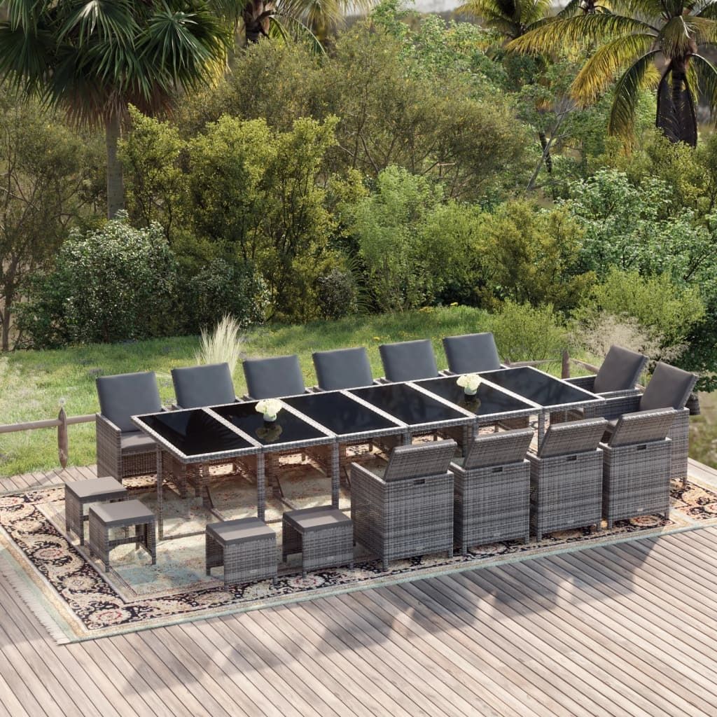 The Living Store 19-tlg. Garten-Essgruppe mit Kissen Poly Rattan Grau