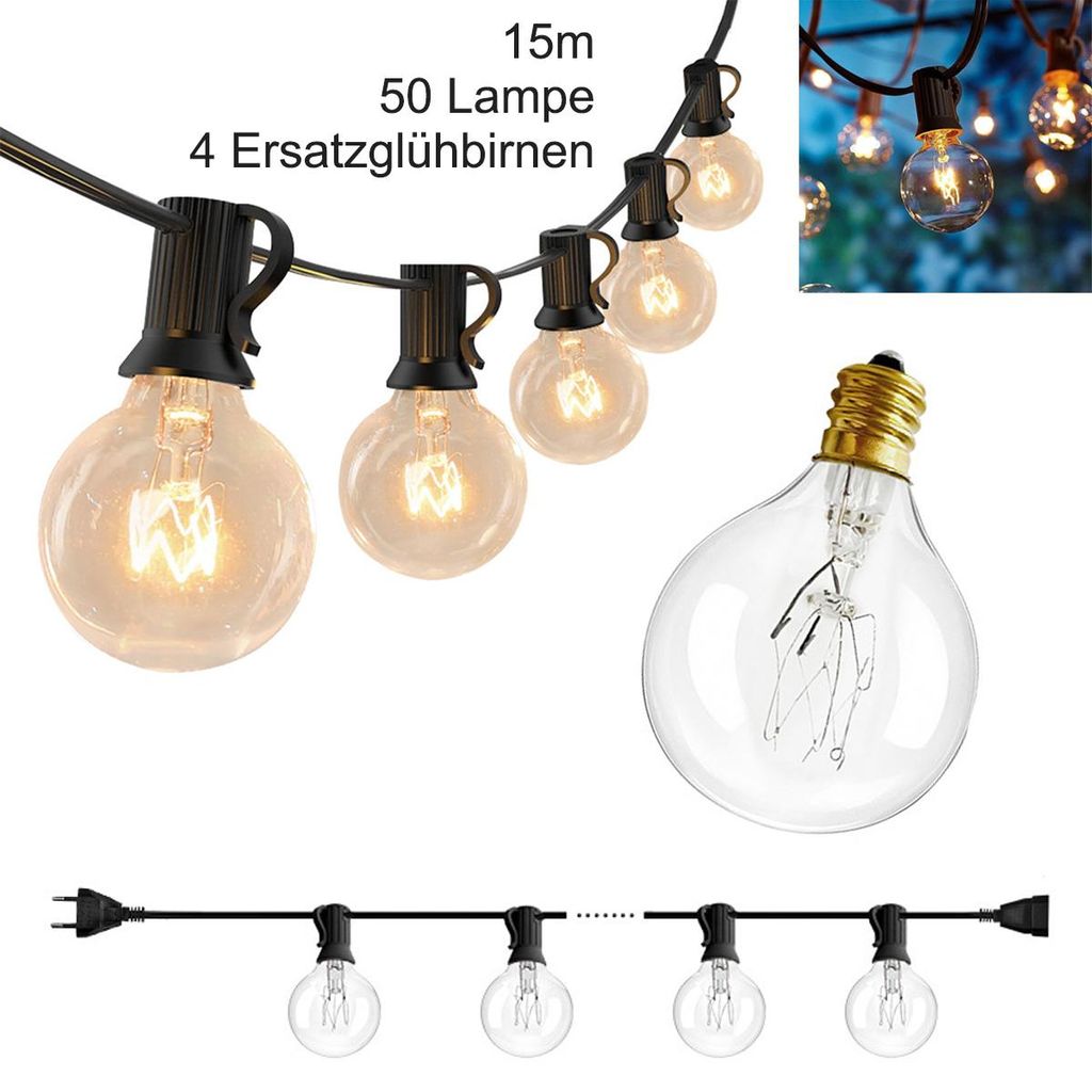 15 m lange LED-Lichterkette für den Außenbereich, G40-Kugellichterkette, ausgestattet mit 50 warmweißen LEDs, verbindbar