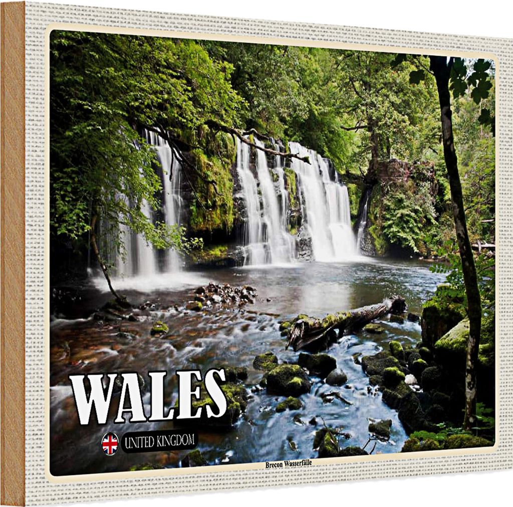 Holzschild Reise 30x20cm Wales United Kingdom Brecon Wasserfälle