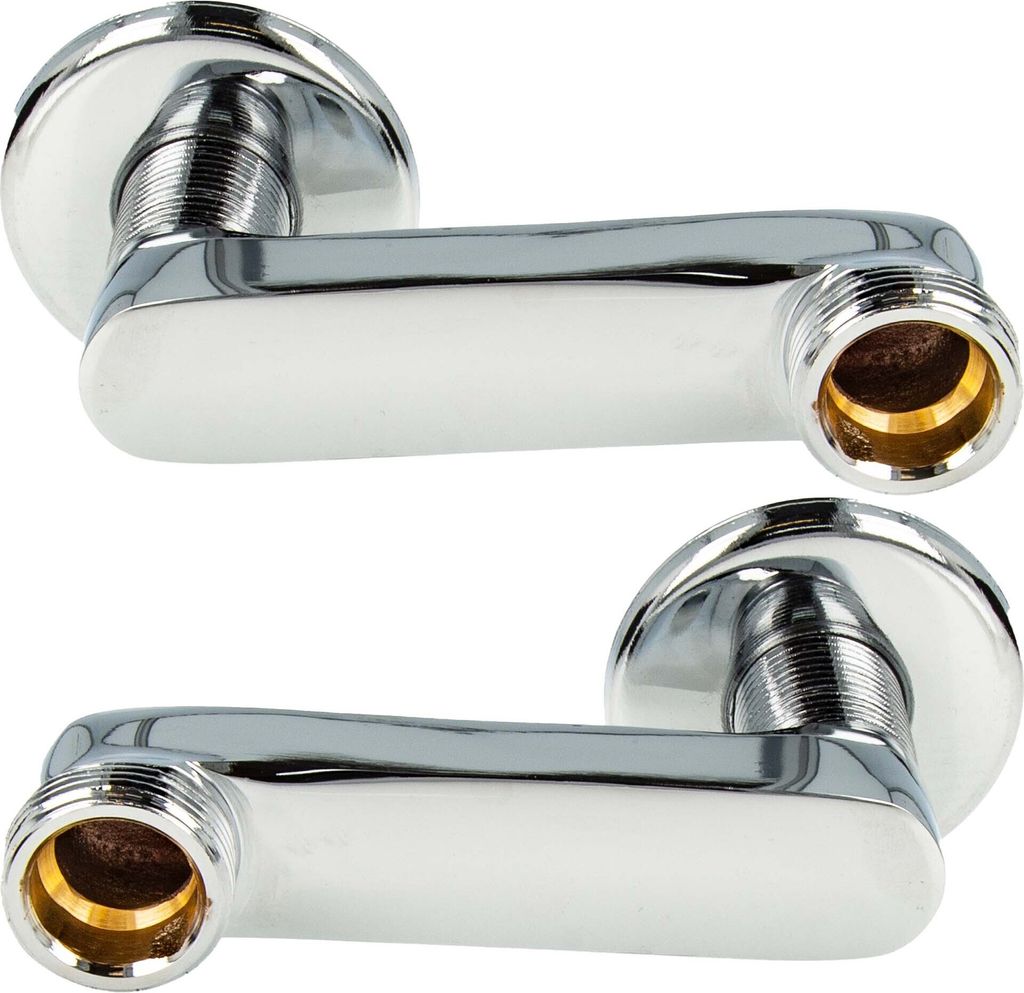 Two chrome-plated S-shaped connectors for wall-mounted faucets.