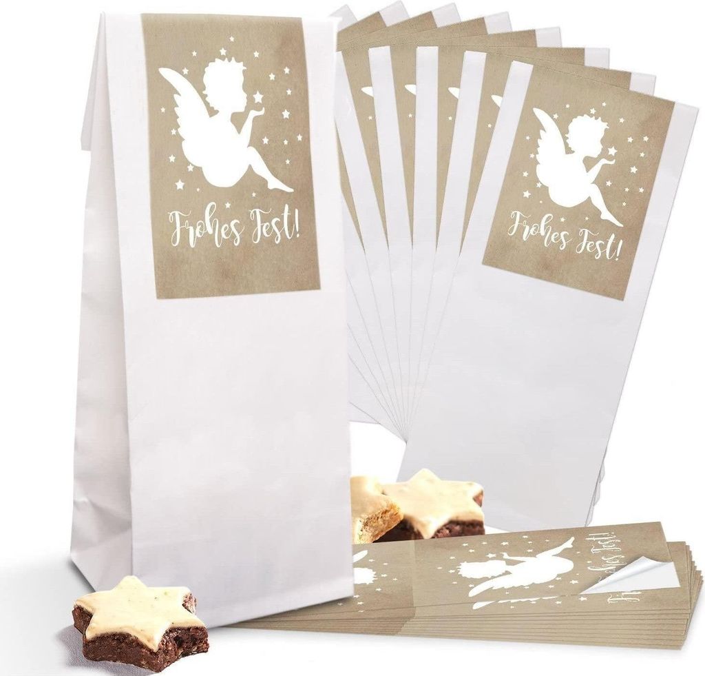 Weiße Blockbodenbeutel mit Folieneinlage 7 x 4 x 20,5 cm – mit Banderolen „Danke“ & „Schön, dass du da bist“Engel / 10 Stück