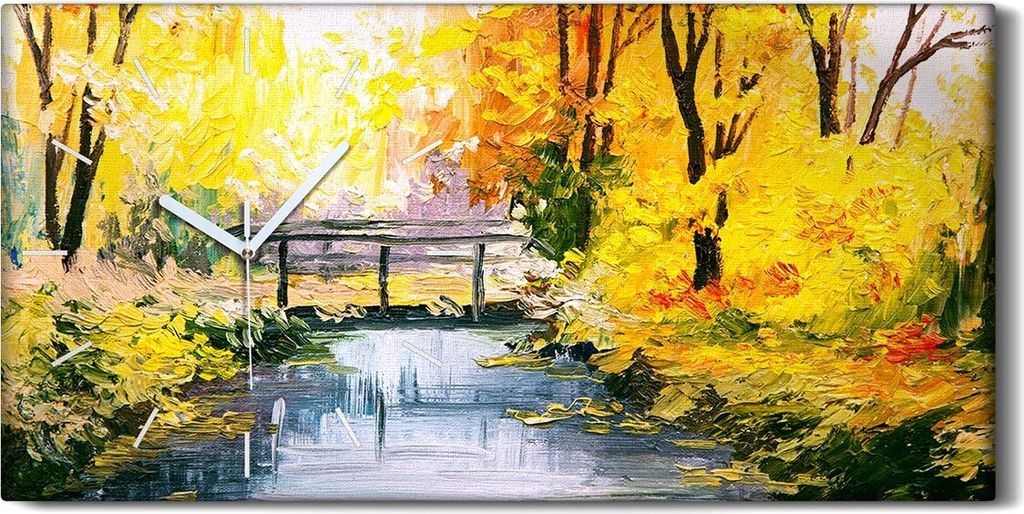 Wandbild Leinwand Bilder Wanduhr 60x30 Malerei Landschaft bunte Herbst Wald - weiße Hände