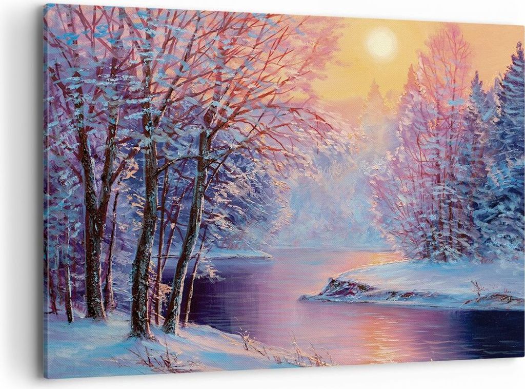 Bild auf Leinwand - Leinwandbild - Einteilig - Öl Winter Fluss - 120x80cm - Wand Bild - Wanddeko - Wandbilder - Leinwanddruck - Bilder - Wanddekor...