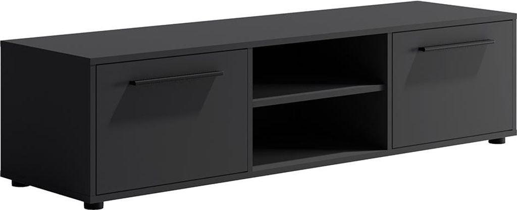 Wohnzimmer Lowboard mit 150 cm Breite, schwarz matt mit schwarzen Griffen, mit 2 offenen Fächern & 2 Klappen - MOLLERUSA-132