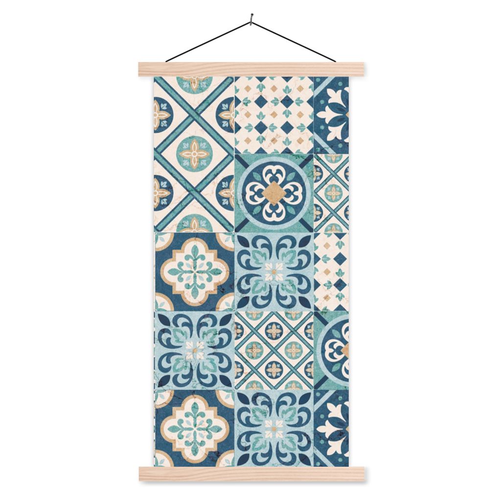 MuchoWow Textilposter Blumen - Blau - Design - Fliese 40x80 cm mit holzfarbenen Rahmen - Wohnzimmer