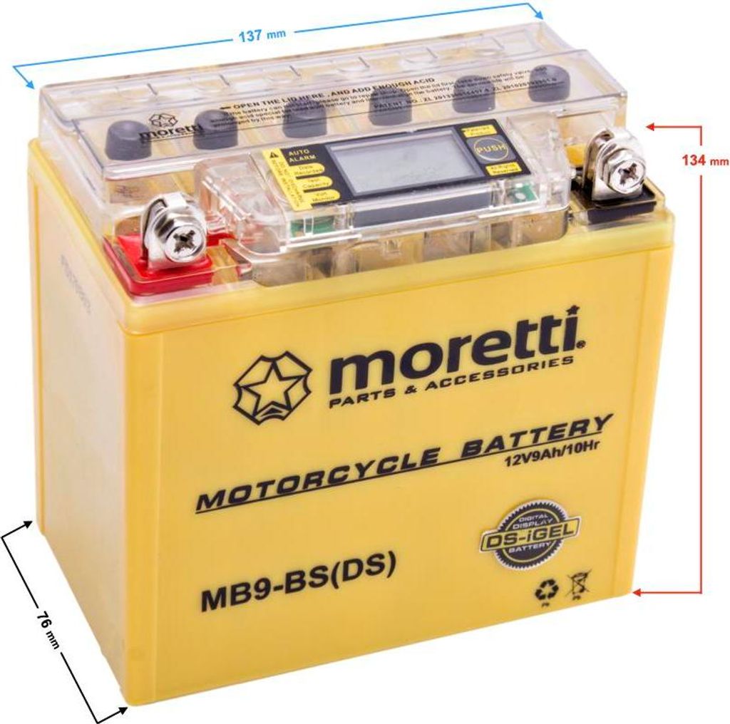 Moretti 12V AGM (I-Gel) Batterie MB9-BS mit Anzeige / 12N9-3B 12N9-BS