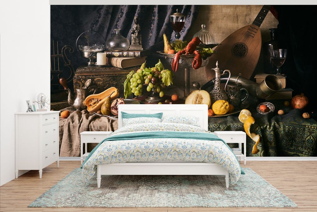 MuchoWow Fototapete für Wohnzimmer oder Schlafzimmer Wandtapete Vinyl Motivtapete Stilleben - Essen - Tisch - 430x240 cm - Gemustert