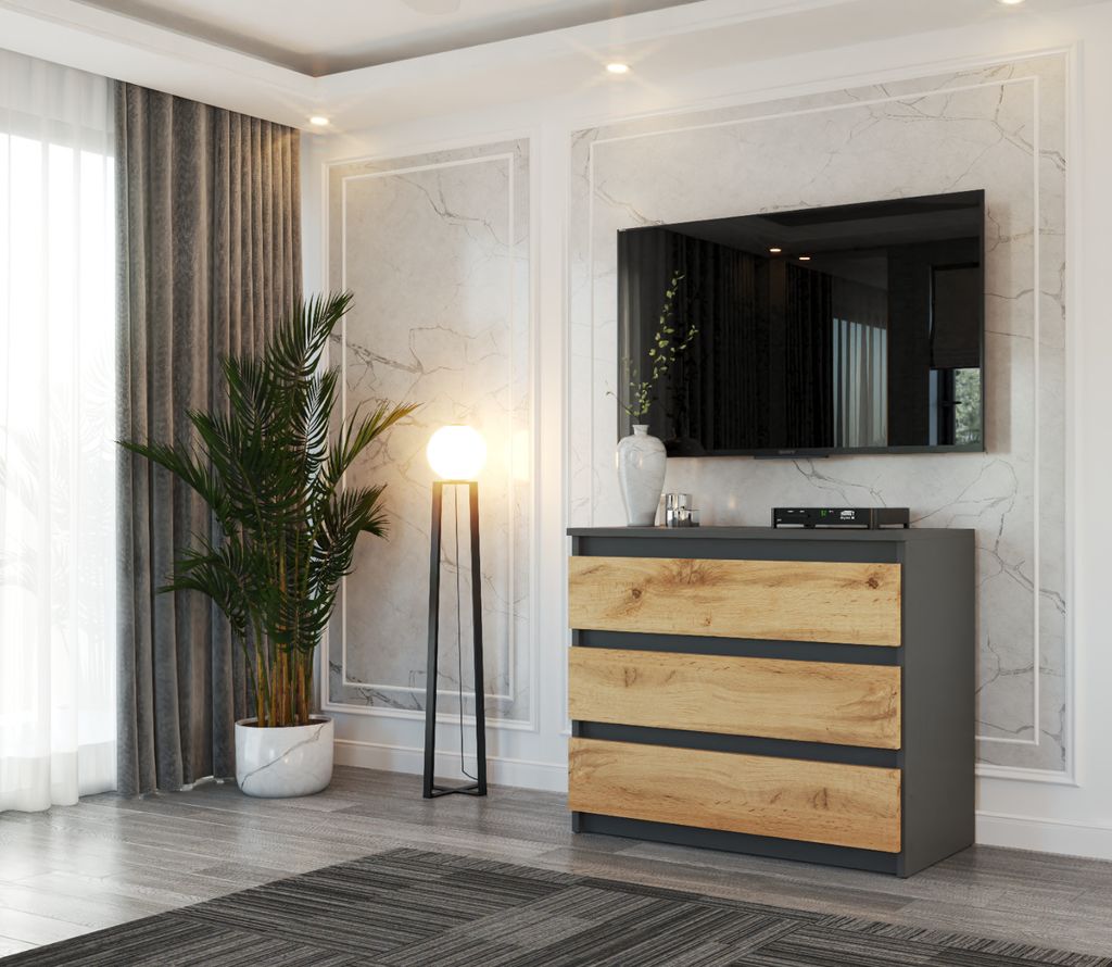 STIV Möbel | Kommode Grau Matt/Eiche Wotan 80x33,5x71,5 cm Produktbild 