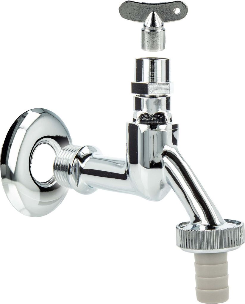 tecuro Auslaufventil 1/2 Zoll, Steckschlüssel-Oberteil, Schlauchtülle, Wandrosette, Dichtband, MS hochglanzverchromt