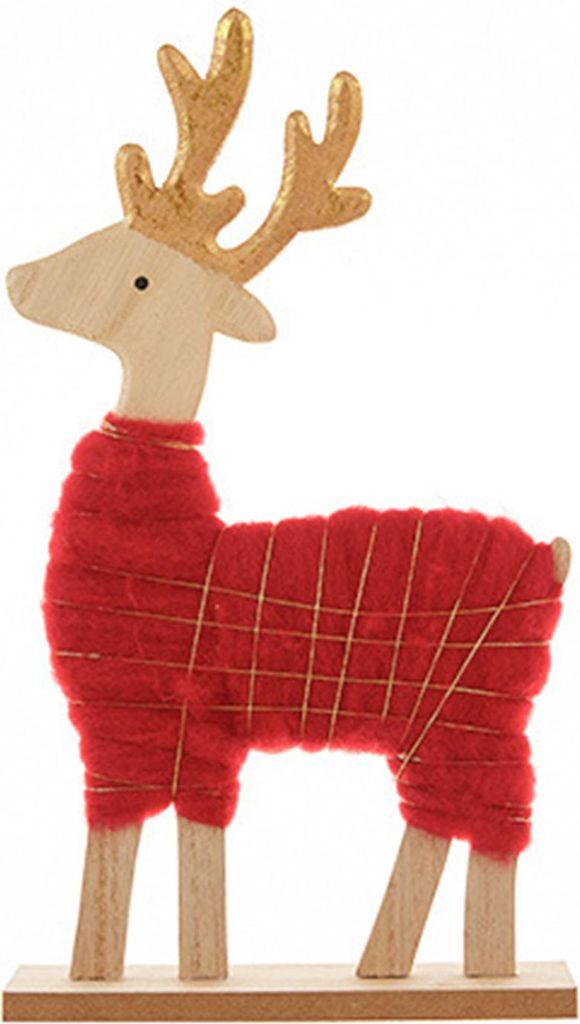 Weihnachtstischdekoration: Plüsch-Rentier-Weihnachtsmann-Figur aus Wollfilz mit Holzsockel für winterliche Etageren und Kaminsimse.