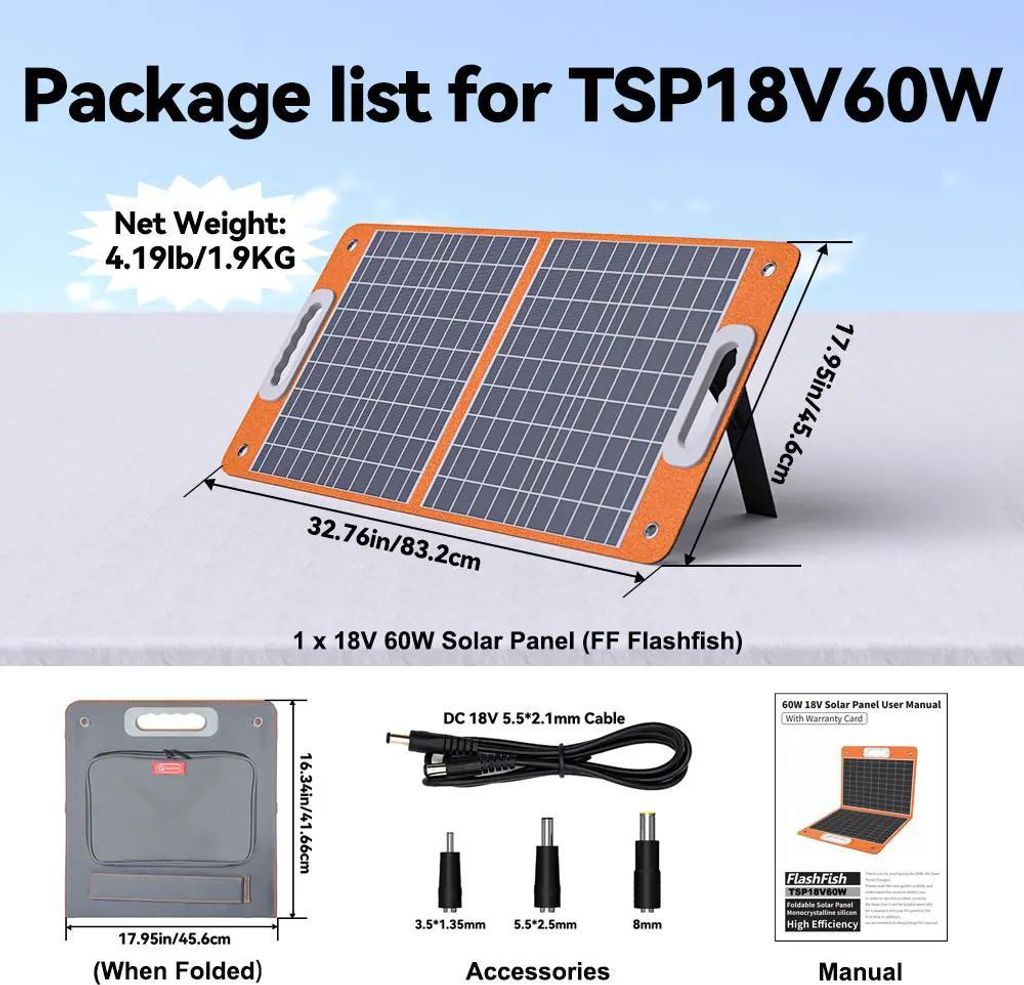 Tragbares Solarpanel - TSP18V60W - 60 W Leistung - Faltbar, 2 Paneele - USB & 18 V DC - Monokristallin - Für Powerstation & Handy - Camping & Wohn...