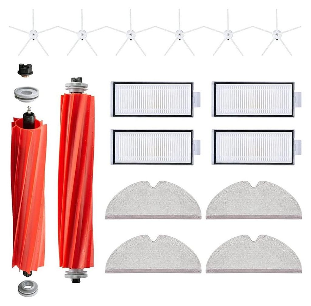 A collection of replacement parts for a robot vacuum cleaner, including brushes, filters, and mop pads, laid out on a white background.