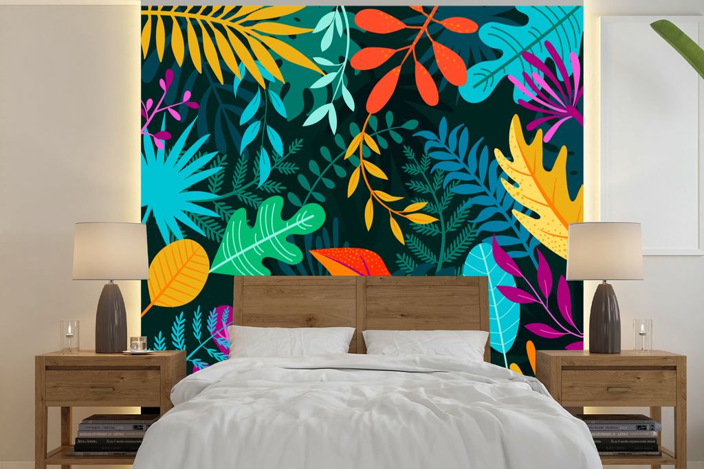 MuchoWow Fototapete für Wohnzimmer oder Schlafzimmer Wandtapete Vinyl Motivtapete Dschungel - Blätter - Farben - Jungen - Mädchen - Kinder - 3...