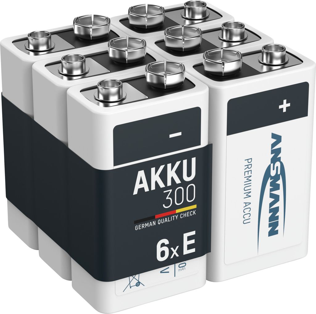ANSMANN Akku 9V 300mAh E-Block NiMH 1,2V – 1000x wiederaufladbar (6 Stück)
