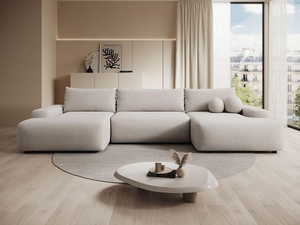 Großes Panorama-Ecksofa mit Schlaffunktion - Strukturstoff - Beige - DAVISO