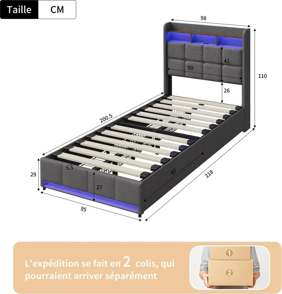 Lit gris 90x200 avec tête de lit LED station de charge et 4 tiroirs bois