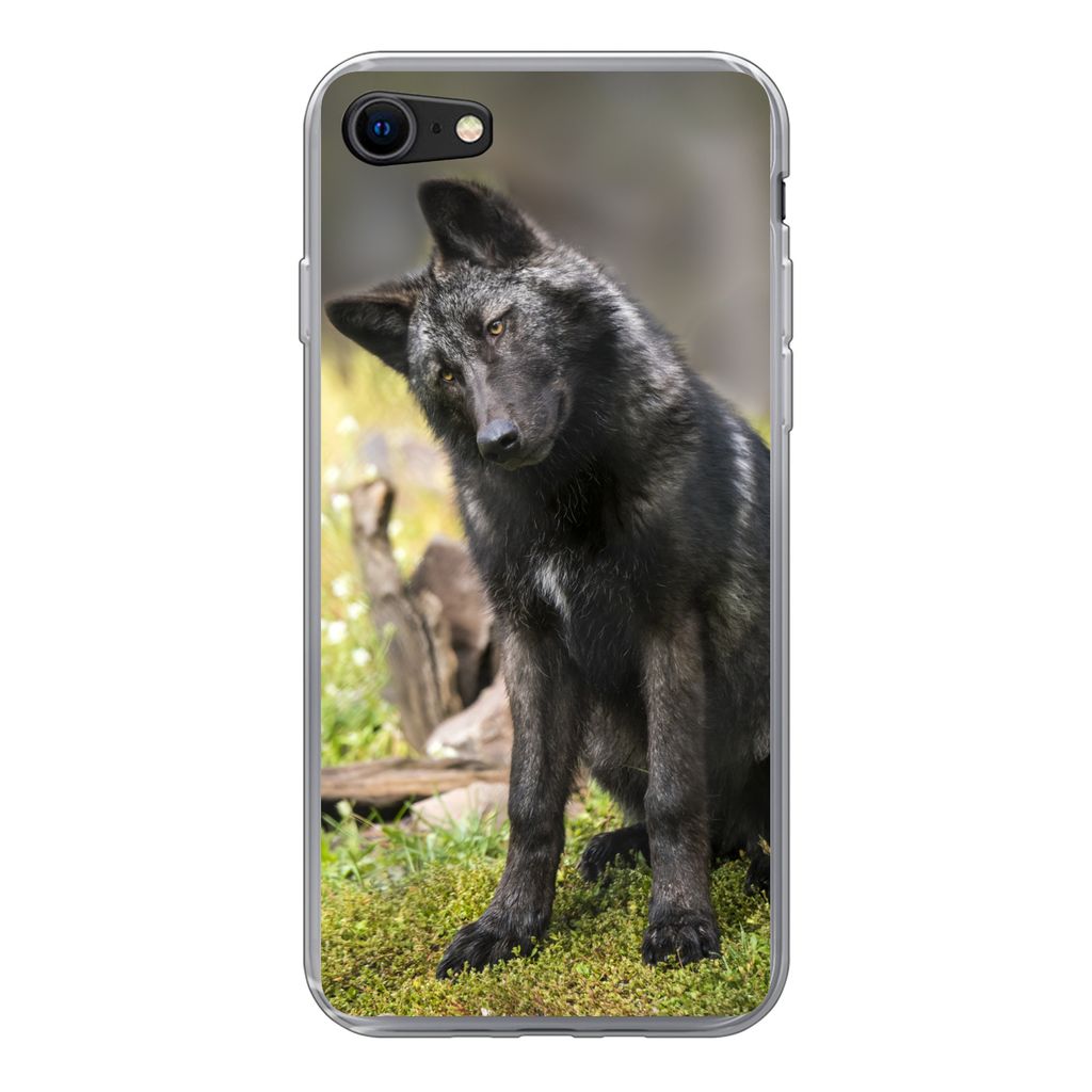 MuchoWow Handyhülle Schutzhülle Hülle für iPhone 8 Wolf - Schwarz - Gras Silikon Softcase Handy Hülle - Schutzhaube