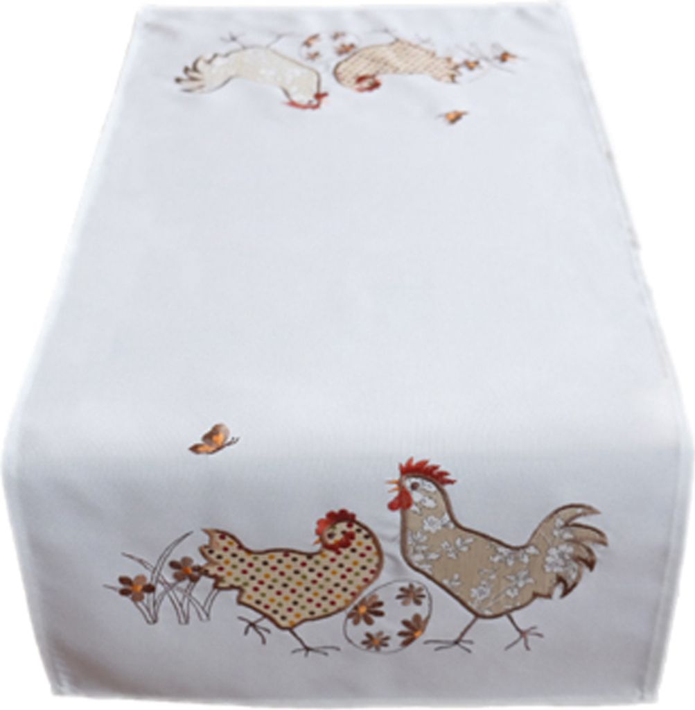 Tischläufer 40x85 cm braun Ostern cremeweiß Hahn & Henne Stickerei Mitteldecke