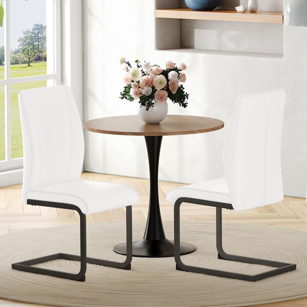 2er-Set Esszimmerstühle, weißes Kunstleder, schwarze Metallbeine, ergonomisch, 99 cm