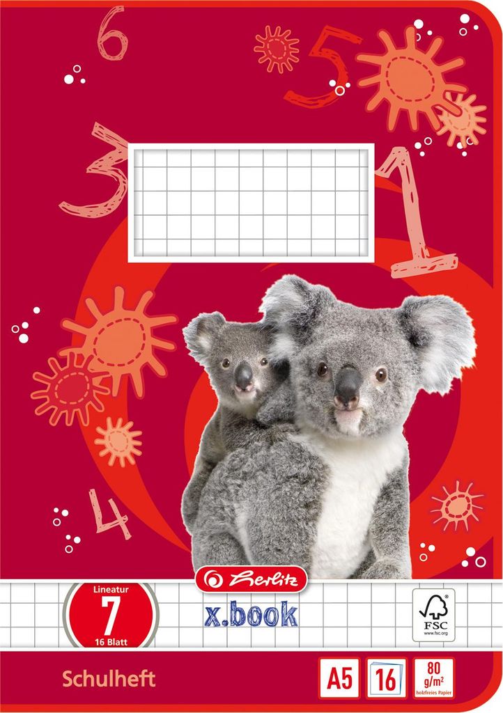 A notebook cover featuring two koalas, with numbers and decorative elements on a red background.