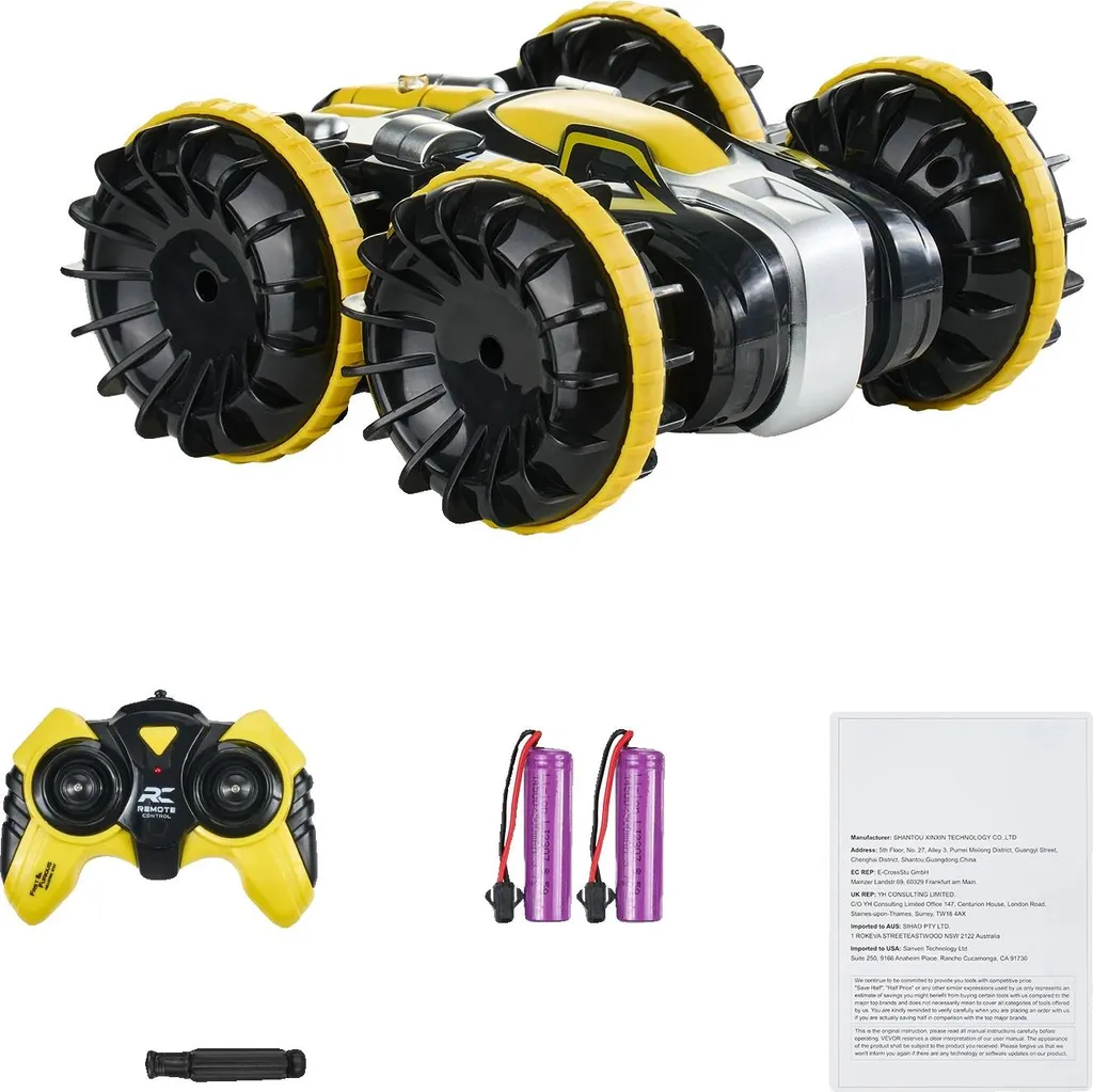 Voiture amphibie RC rotation 360° étanche 2.4GHz jaune extérieur