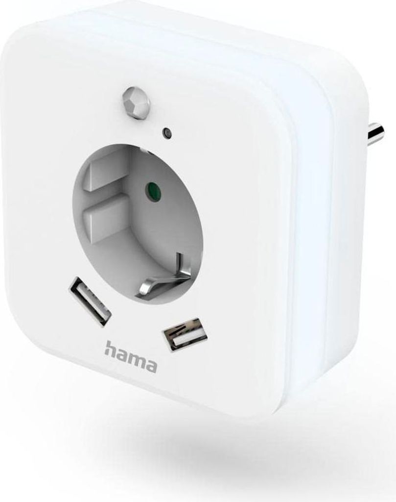 A white Hama LED night light with a European plug and two USB ports.