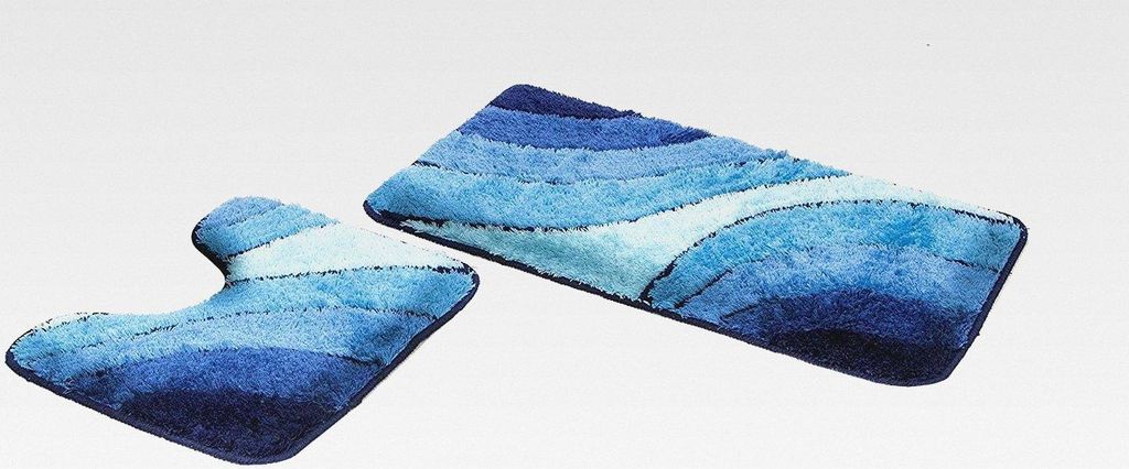 Badematte Set | Blau | Wave | mit Ausschnitt | 2 teilig | rutschfest | WC-Vorleger 50 x 45 cm | Badvorleger 50 x 90 cm | Badteppich | Teppich | Bad...