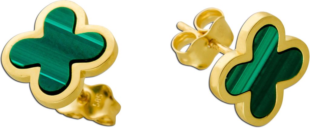 Malachit Kleeblatt Ohrstecker Gold 585 14K grüne Natur Edelsteine