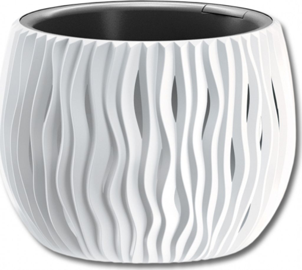 A white, wavy patterned planter pot with a black inner liner, shown against a white background.