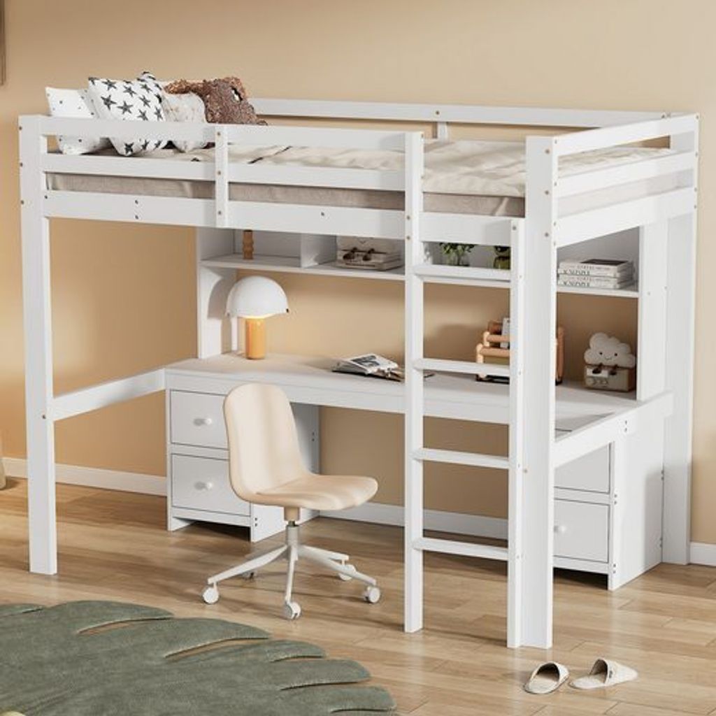 Odikalo Kinderbett Hochbett Stauraum Tisch Regal Schubladen Geländer 90x200cm Weiß