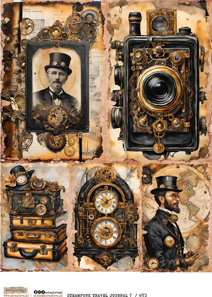 Reispapier Decoupage Bastelpapier A4 - Scraplove - Steampunk Travel Journal 7