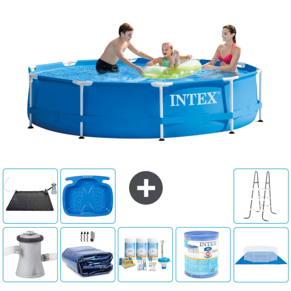 Intex Rundrahmen-Schwimmbecken – 305 x 76 cm – Blau – inklusive Pumpe Sonnensegel - Wartungspaket - Filter - Bodenplane - Solarmatte - Leiter