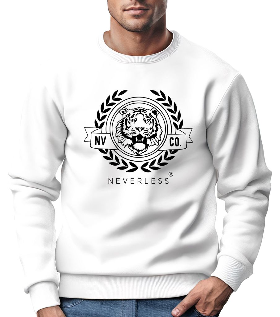 Sweatshirt Herren Schriftzug Oldschool Print Tiger Pullover Bedruckt Rundhals-Pullover Neverless weiß-schwarz M