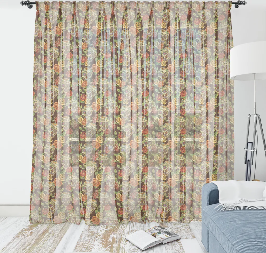 ABAKUHAUS Arazzo Zuckerschädel, motivo autunnale con fiori e foglie colorati in Smily Head Bones, tessuto da parete in raso setoso per soggiorno e camera da letto, 220 cm x 274 cm, verde chiaro giallo arancione